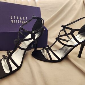 RARE Stuart Weitzman Black Poe de Soie Evening Heels 11M NEW IN BOX Orig $495